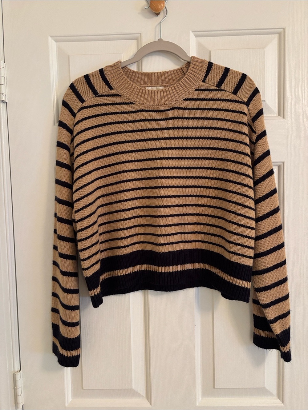 Striped Cropped Crewneck Sweater in Tan and Black